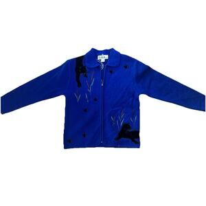 VTG Lisa International Jacket Women Sz M. Blue Boiled Wool Beaded Cat Embroidery